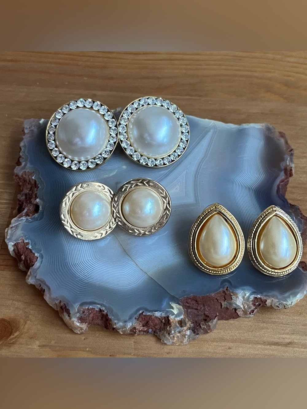 Vintage style Faux Pearl earrings set of 3. Pierced. Women's jewelry fashion.